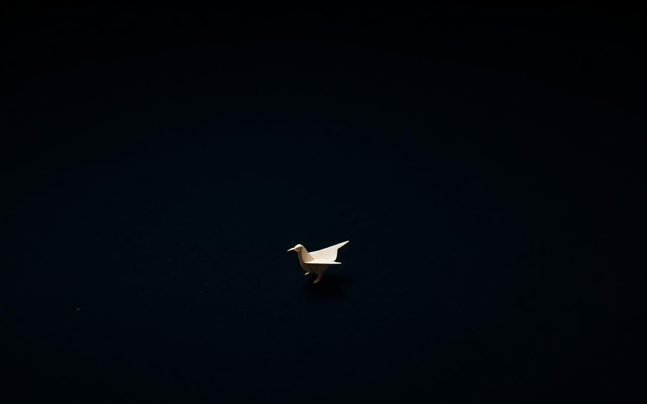 Oiseau en origami isolé sur fond noir velouté, image de la solitude intérieure liée à la blessure de rejet.
