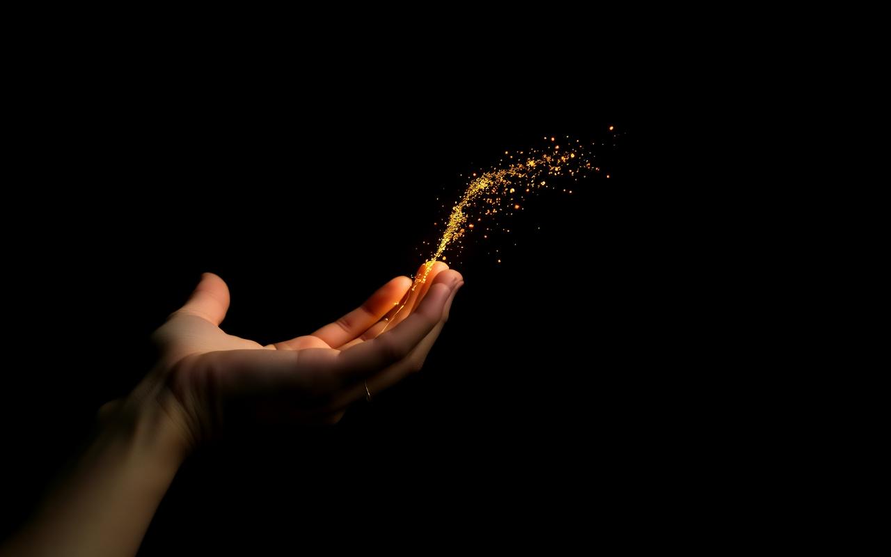 Main relâchant un fil de lumière dorée dans l'obscurité — métaphore du détachement émotionnel.
