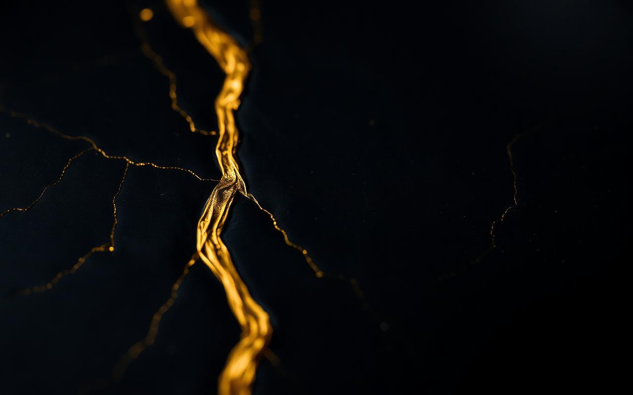 Filet d'or coulant dans une fissure de pierre noire — métaphore kintsugi de la réparation après l'emprise.